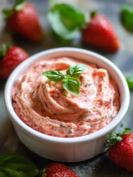 A bowl of strawberry sauce with a sprig of basil on top.