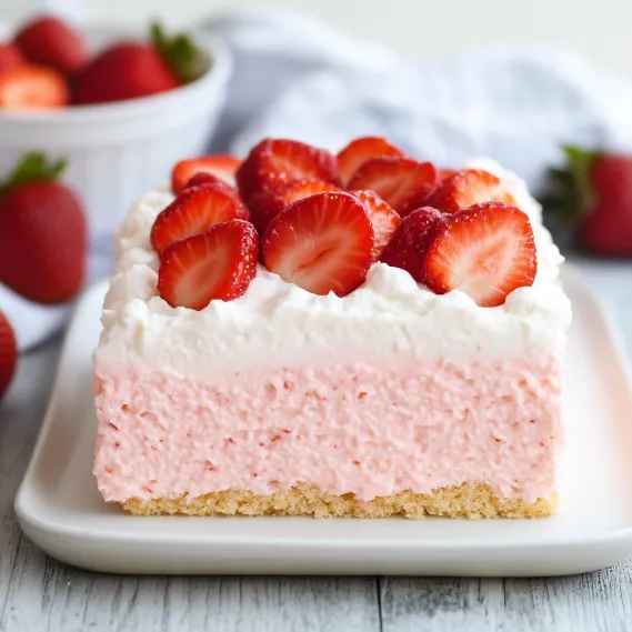 A slice of strawberry cheesecake on a plate.