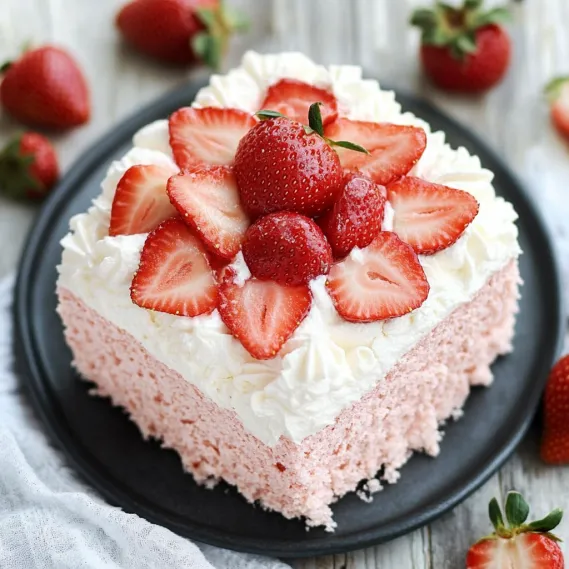 A slice of cake with strawberries on top.