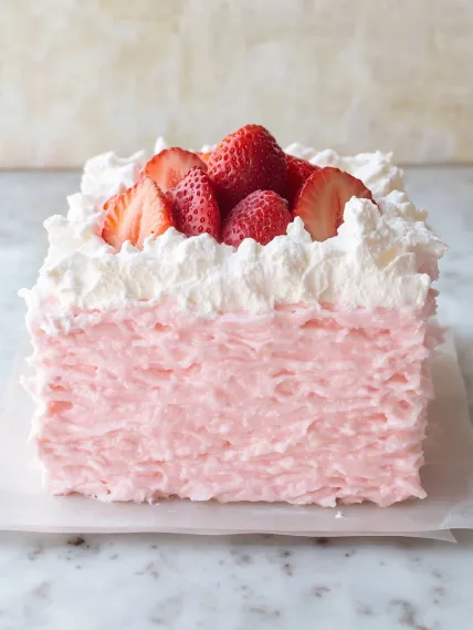 A slice of pink cake with strawberries on top.