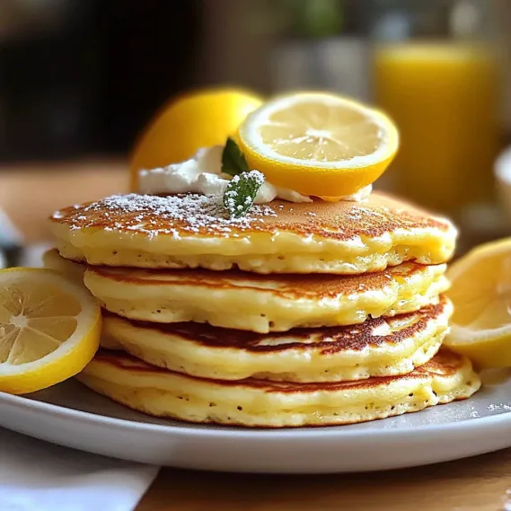 A stack of pancakes with lemon wedges on top.