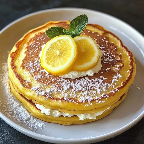 A plate with a lemon wedge on top of a pancakes.
