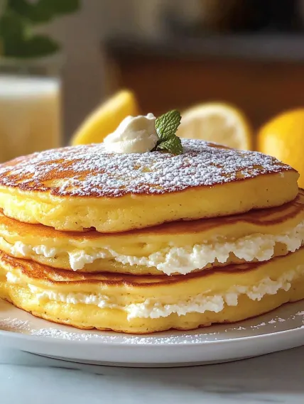 A stack of pancakes with whipped cream on top.