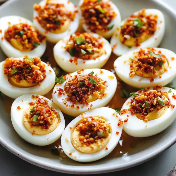 A bowl of eggs with red peppers.