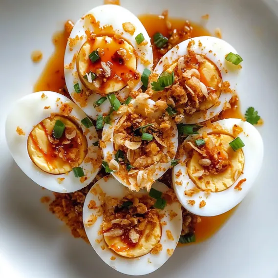 A plate of eggs with sauce.