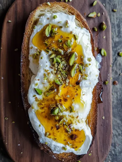 A slice of bread with white cream and nuts on top.