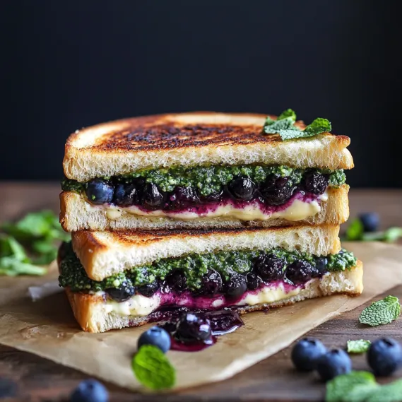 A stack of sandwiches with blueberries and mint.