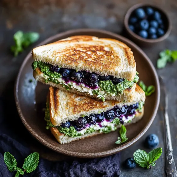 A sandwich with blueberries and mint.
