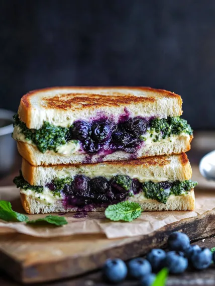 A sandwich with blueberries and mint.