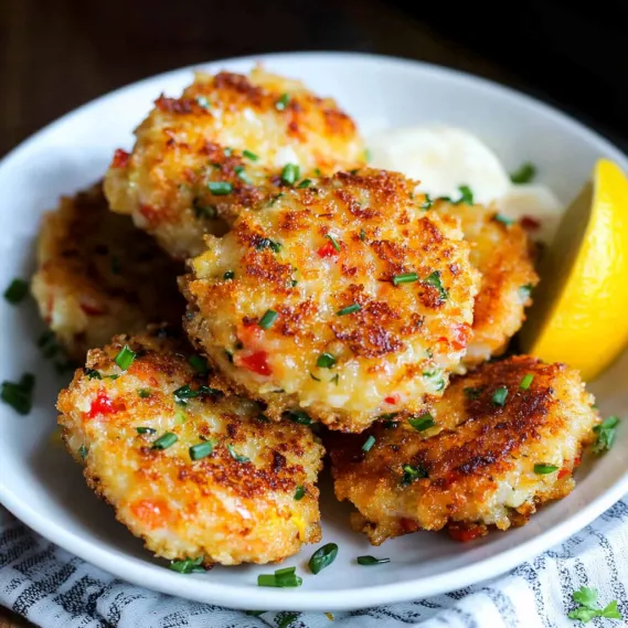 A plate of fried food with a lemon wedge on the side.