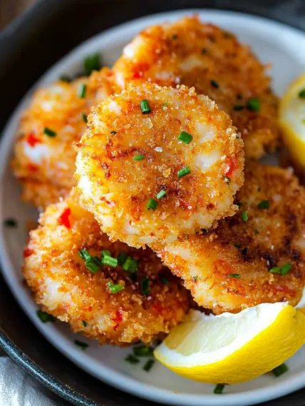 A plate of fried food with a lemon wedge on top.
