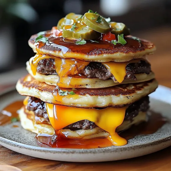 A stack of pancakes with cheese and jalapenos on top.