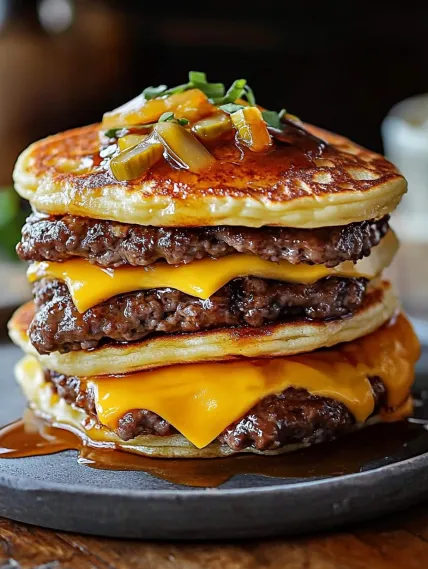 A stack of pancakes with syrup on top.