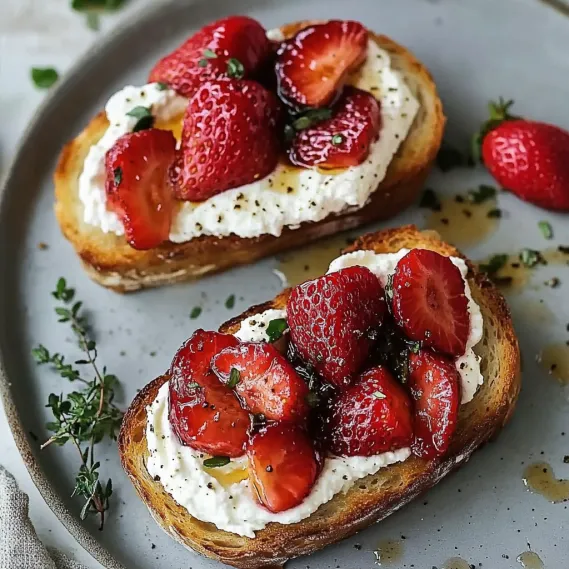 Two pieces of bread with strawberries and whipped cream on top.