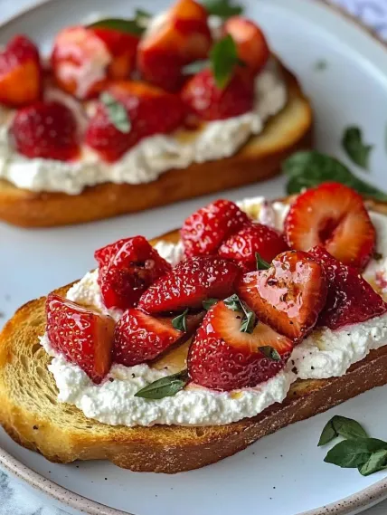 A slice of bread with strawberries and whipped cream.