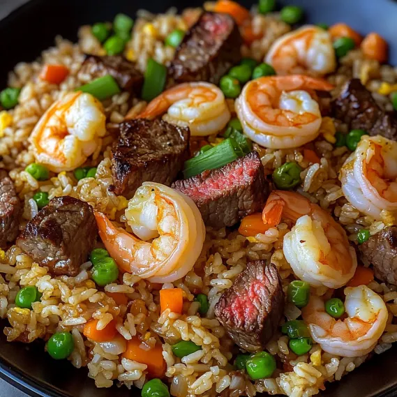 A bowl of rice with shrimp and beef.
