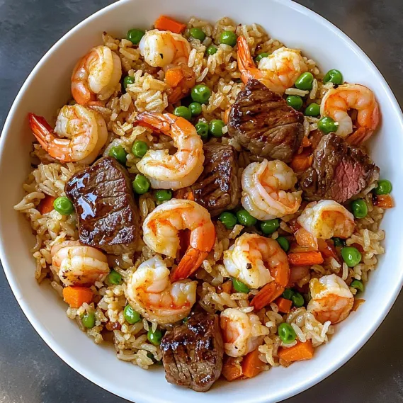 A bowl of rice with shrimp and meat.