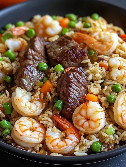 A bowl of rice with shrimp and meat.