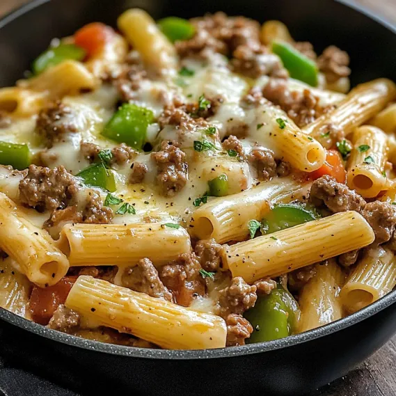 A bowl of pasta with meat and vegetables.