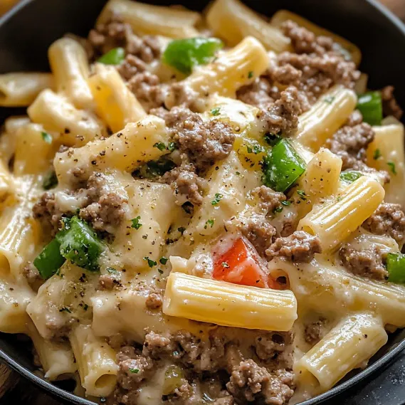 A bowl of pasta with meat and vegetables.