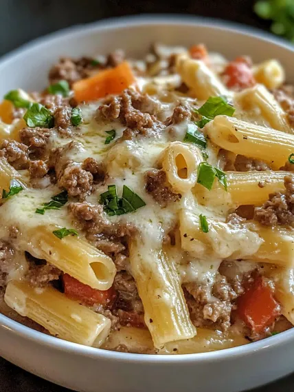 A bowl of pasta with meat and vegetables.