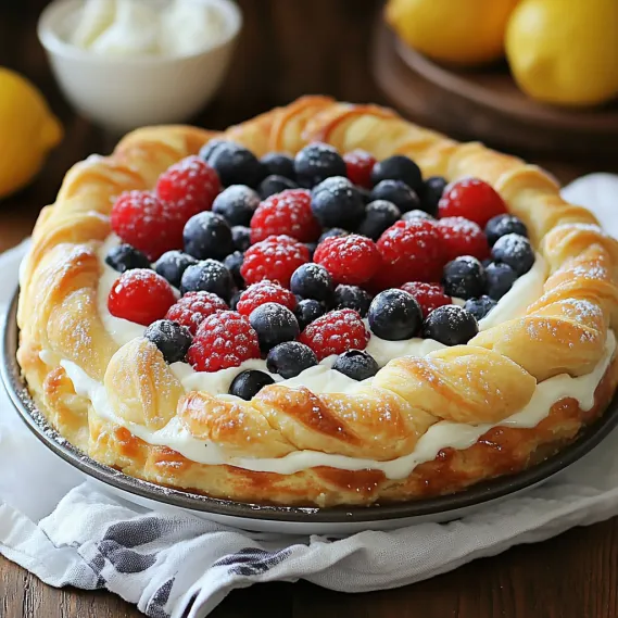 A cake with blueberries and raspberries on top.