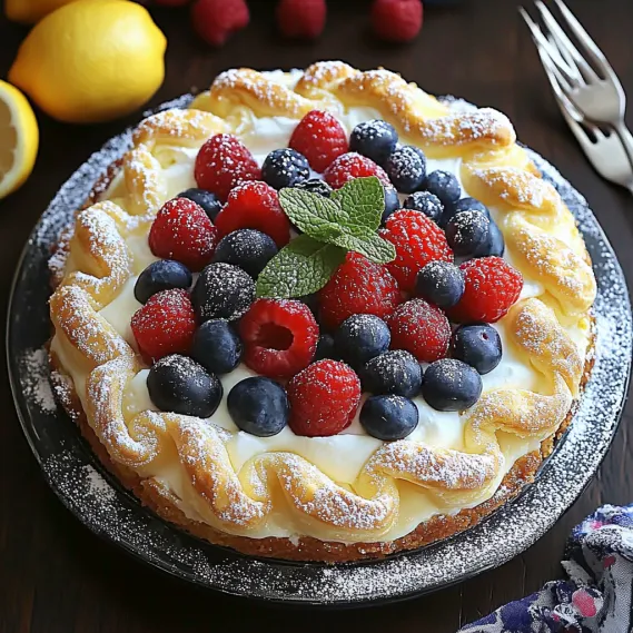 A slice of cake with blueberries and raspberries on top.