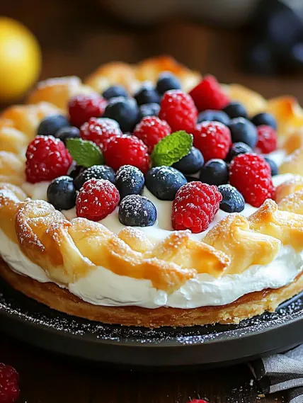 A slice of cake with blueberries and raspberries on top.
