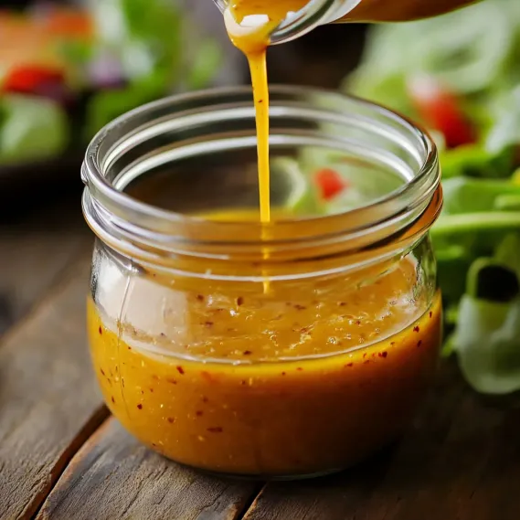 A jar of sauce is being poured onto a salad.