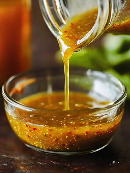 A glass bowl of sauce with a spoon in it.