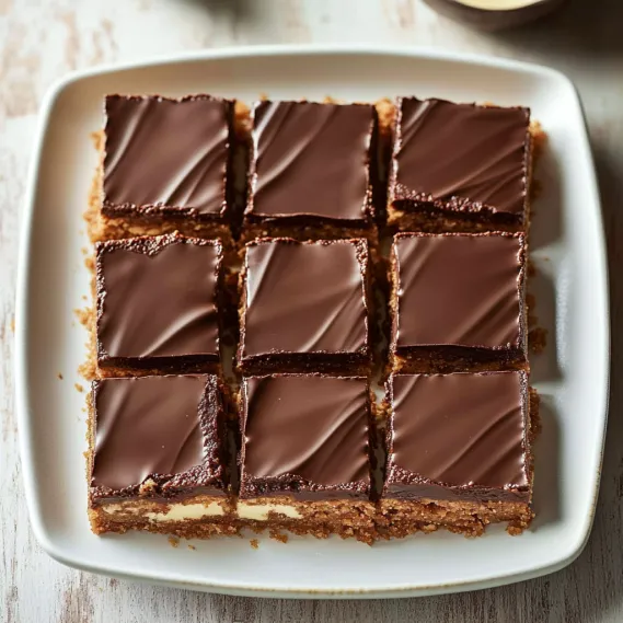 A square of chocolate cake on a plate.