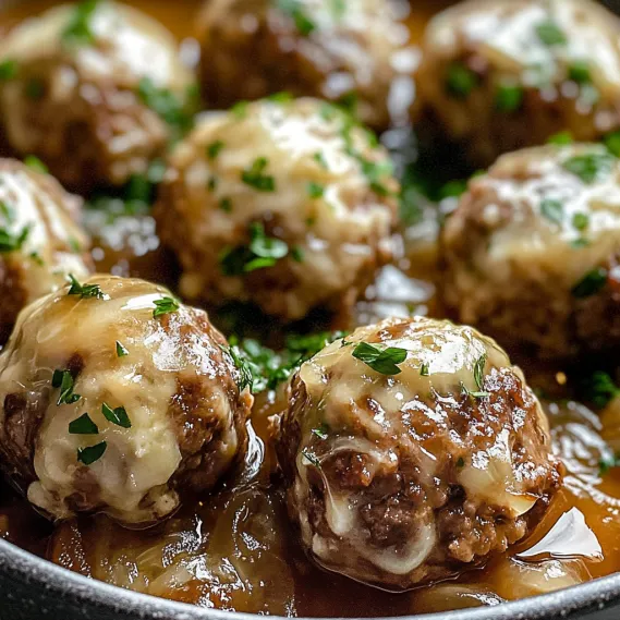 A bowl of meatballs in a brown sauce.