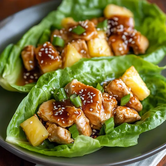 A plate of food with chicken and pineapple.