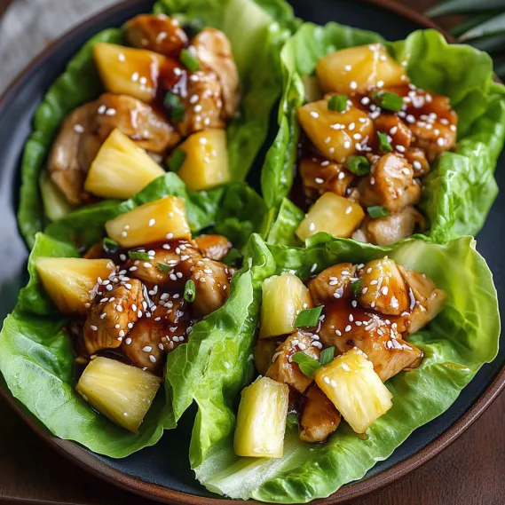 A plate of food with chicken and pineapple.