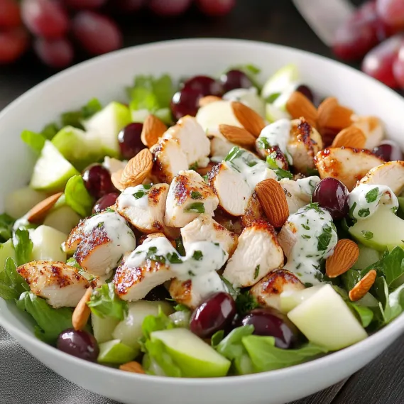 A bowl of salad with chicken, garnished with cranberries and almonds.