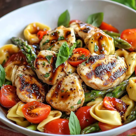 A plate of food with chicken, tomatoes, and asparagus.