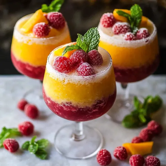 Three glasses of fruit drinks with raspberries and mint.