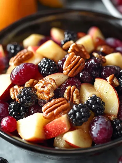 A bowl of fruit with blackberries, apples, and walnuts.