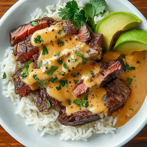 A bowl of rice with meat and sauce.
