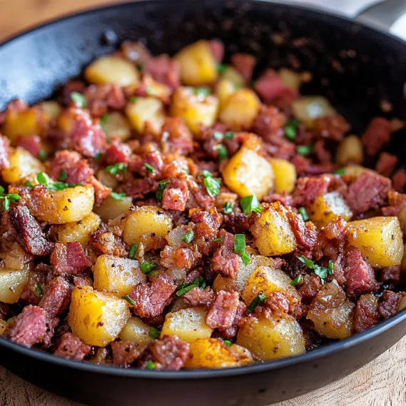 A black skillet with a delicious meal of meat and potatoes.