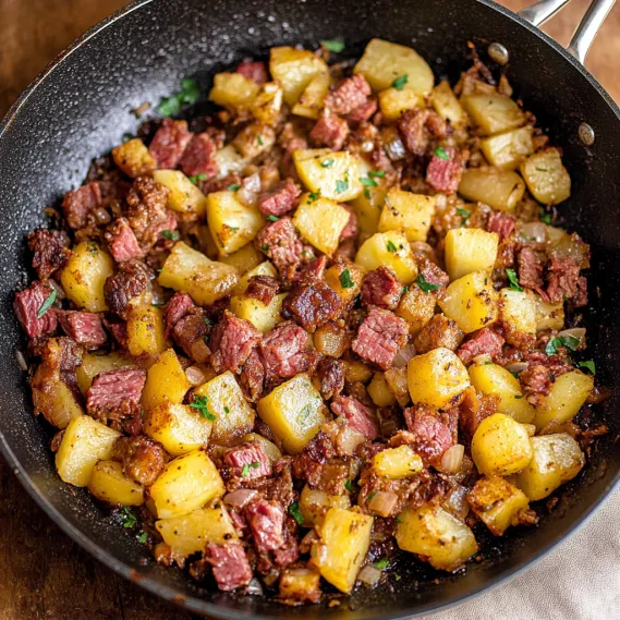 A pan of meat and potatoes.