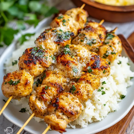 A plate of food with rice and meat on a wooden table.