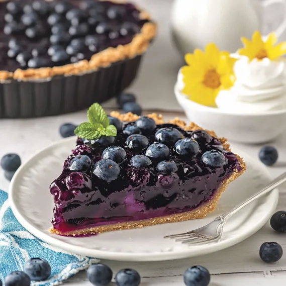 A slice of blueberry pie on a white plate.