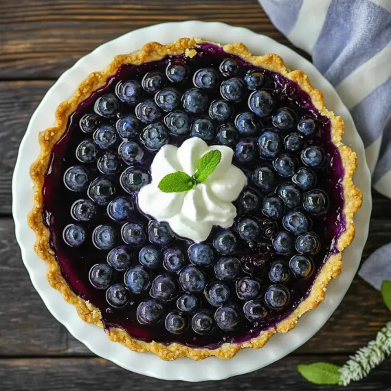 A blueberry pie with whipped cream on top.