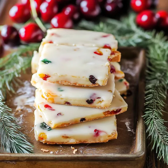 A stack of white cake bars with red and green toppings.