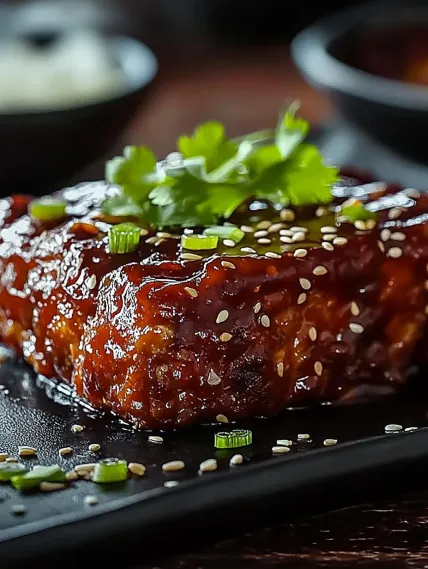 A piece of meat with a green garnish on top.