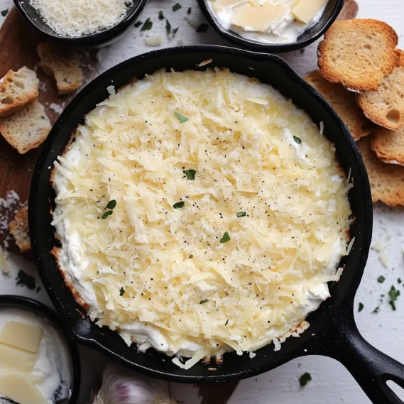A skillet with a cheese and herb dish.