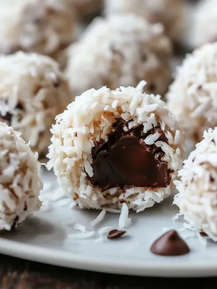 A plate of coconut balls with chocolate drizzled on top.