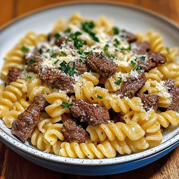 A plate of pasta with meat and cheese.