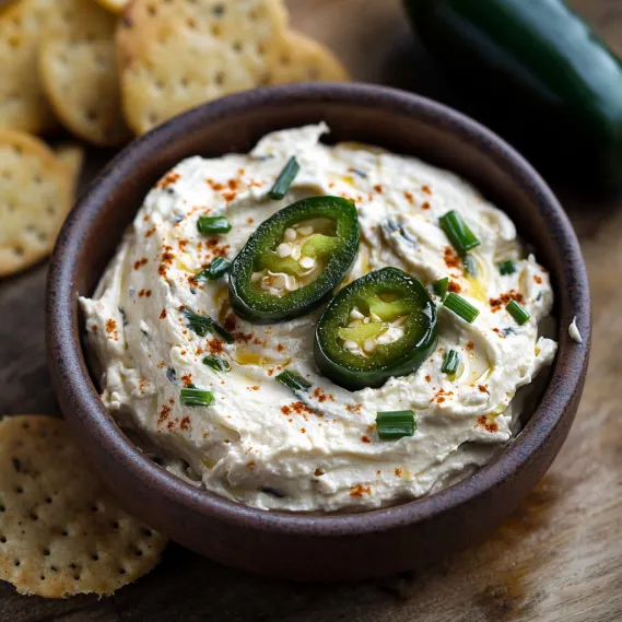 A bowl of hummus with jalapenos on top.